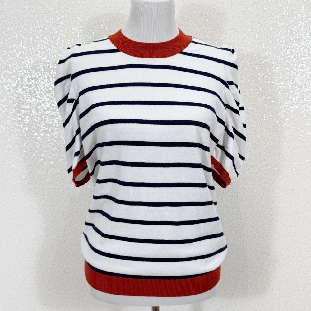 TARSE Striped Puff Sleeve Knit Top Size L Navy White Rusty Red Ribbed Trim - Picture 9 of 10
